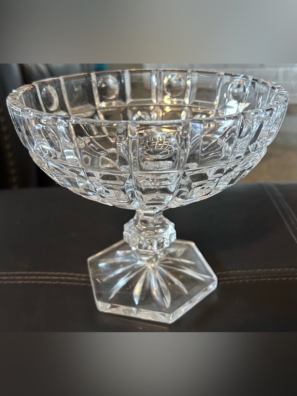 Vtg German Lg Hand Cut Lead Crystal Pedestal Footed Candy Dish 5.5” aTall